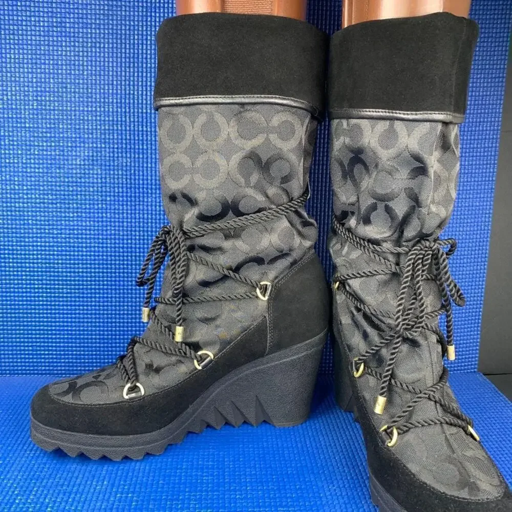 🔴 COACH MAISY Women`s Size 8.5 Black Monogram Suede Leather Wedge Boots A7292